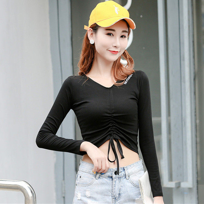 高腰打底长袖肚脐秋冬紧身短款黑色衣服纯棉t恤