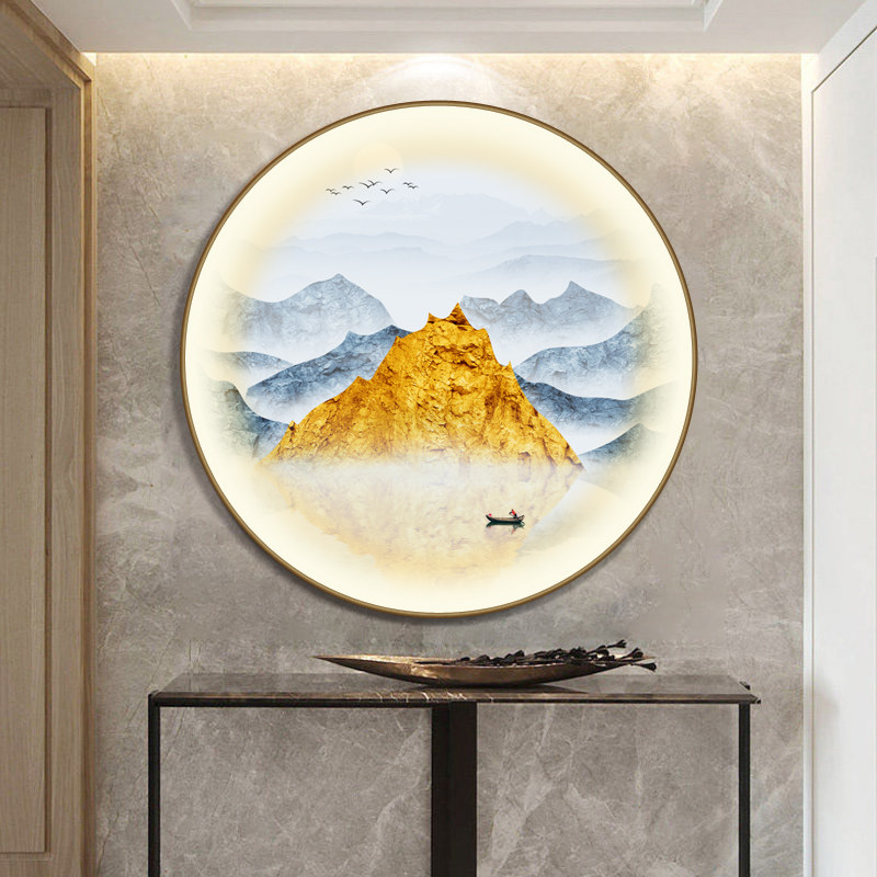 圆形晶瓷走廊玄关中式新中式装饰画山水画带灯壁画现代装饰画