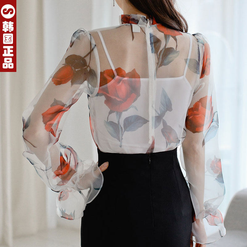 韩国代购高端气质透明雪纺衫上衣长袖女人味洋气名媛优雅薄纱衬衣