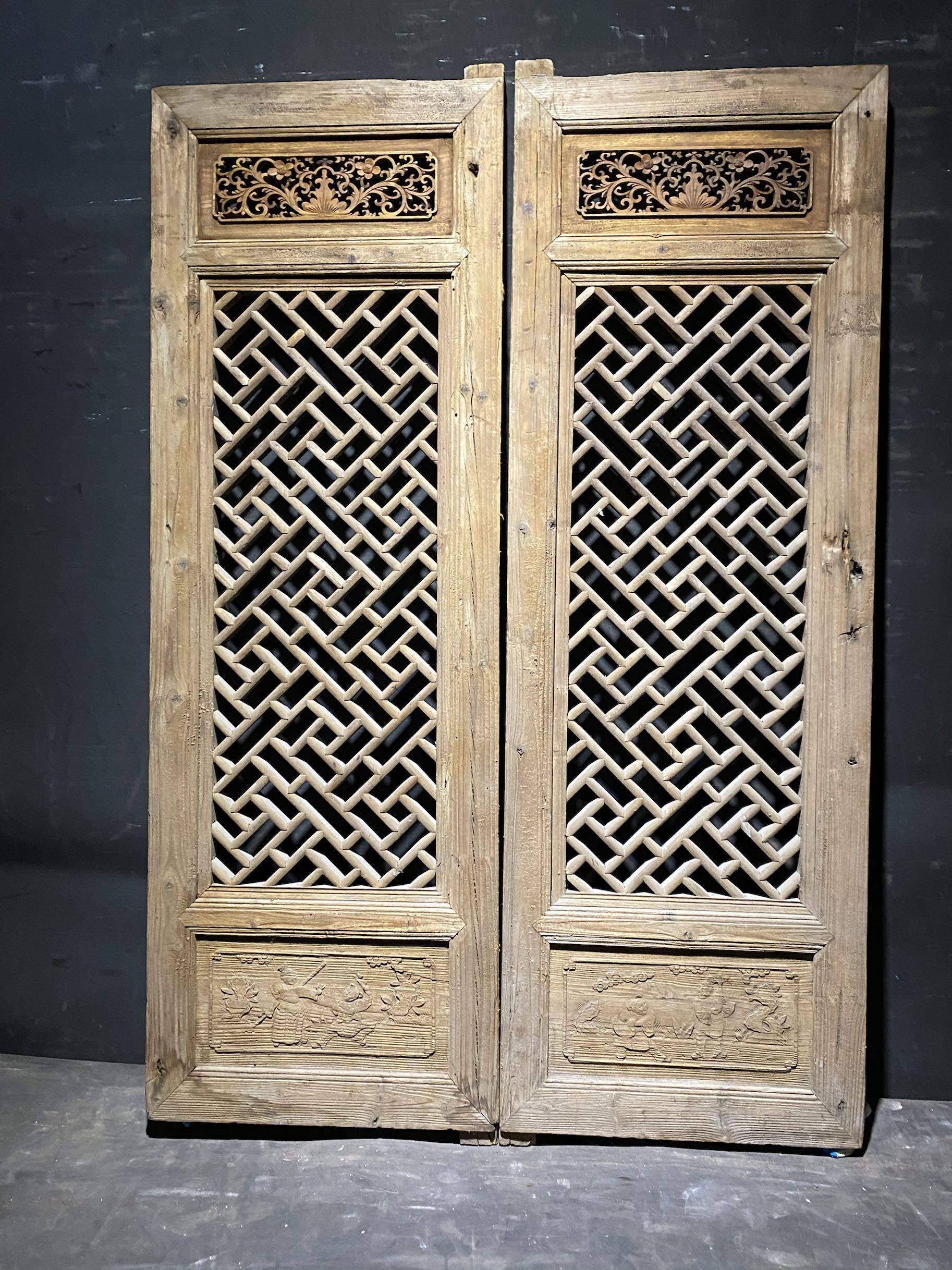 清代斜径风车纹老窗花一对东阳阳工古玩古董通花板