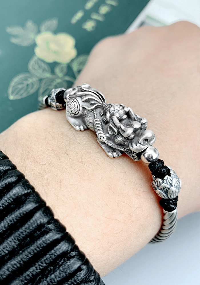 999纯银实心貔貅手链男士转运珠男女款招财皮丘编织手绳情侣礼物