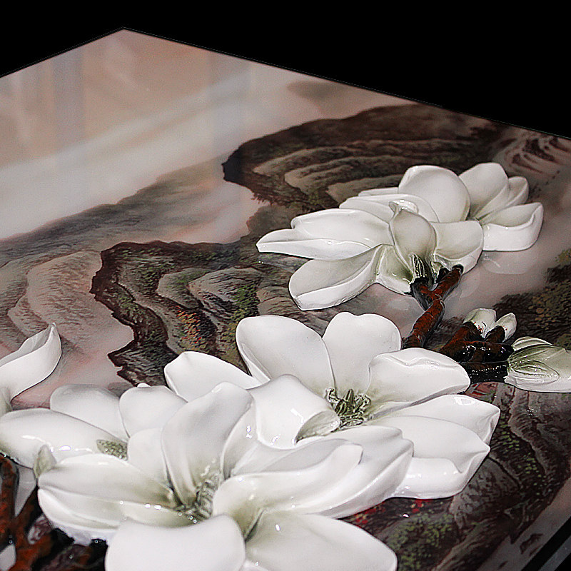 浮雕客厅装饰画现代中式沙发背景墙三联挂画立体烤瓷水晶风景壁画