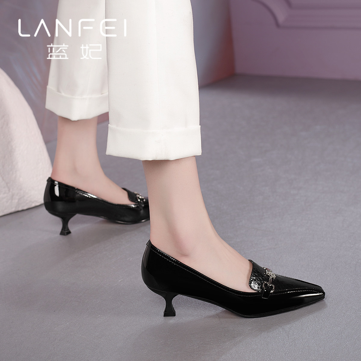 蓝妃真皮高跟鞋女细2021春季新款浅口方头小皮鞋单鞋