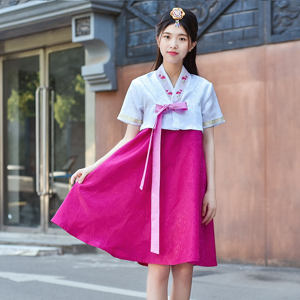 朝鲜服装夏季韩服韩国改良短袖连衣裙亲子装