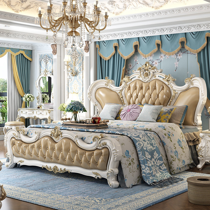 欧式双人床真皮主卧奢华实木18米白色风格别墅皮艺床