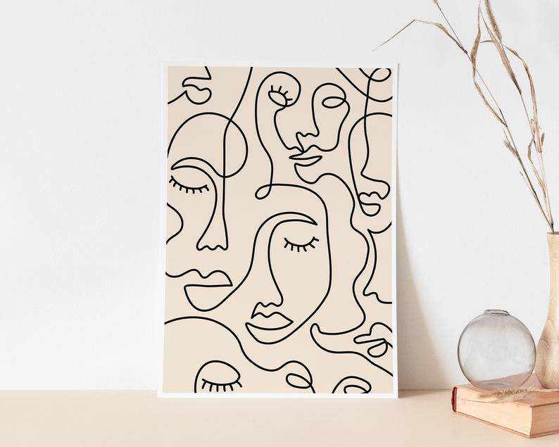 face女性人脸抽象线条海报北欧现代艺术小众大幅现代装饰画