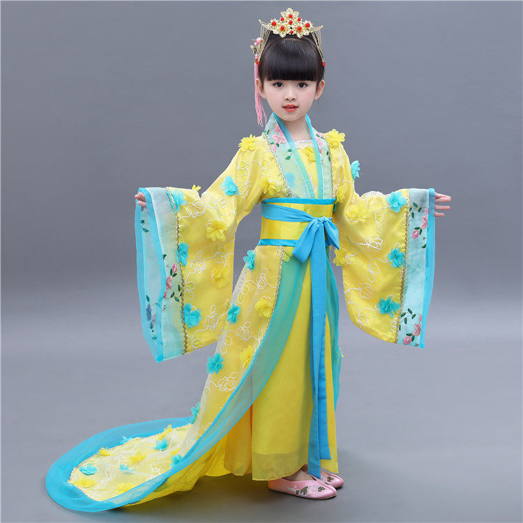 儿童贵妃拖尾古装女童 古代公主仙女cos小孩舞台走秀演出服装汉服