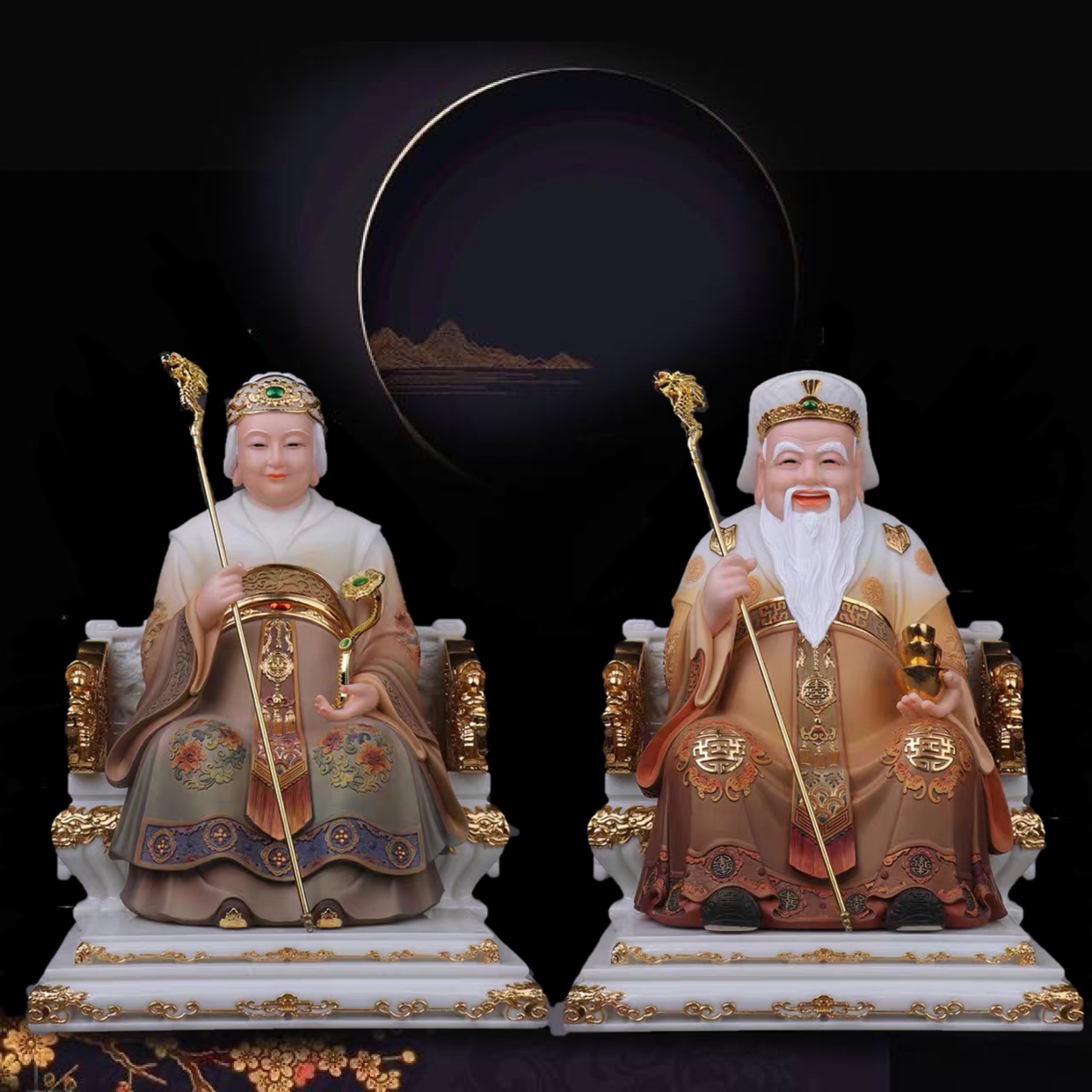 土地公土地婆神像汉白玉土地爷福德正神居家供奉家用客厅摆件一对