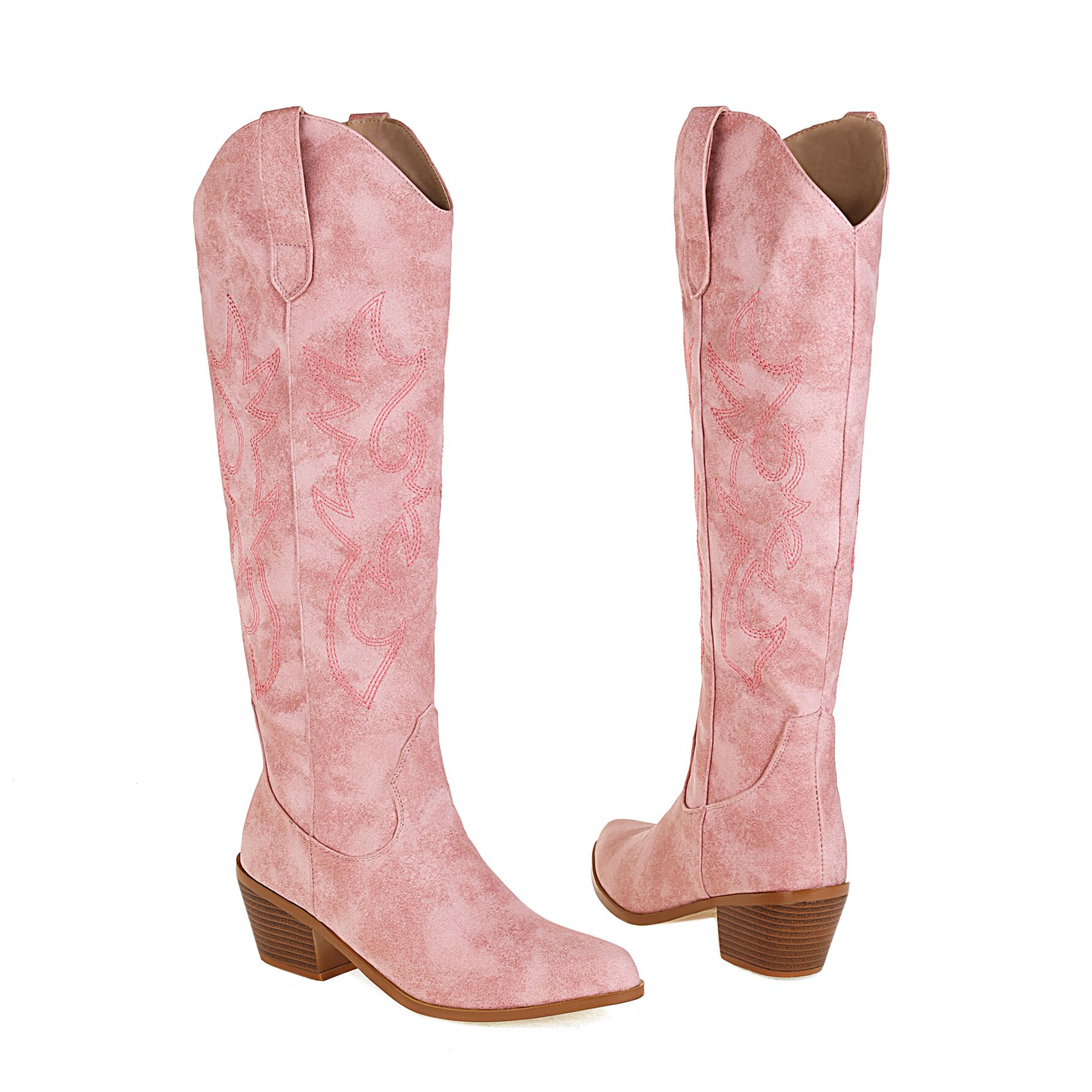 粉色高筒靴时装靴子民族风刺绣骑士靴粗中跟大码时装靴