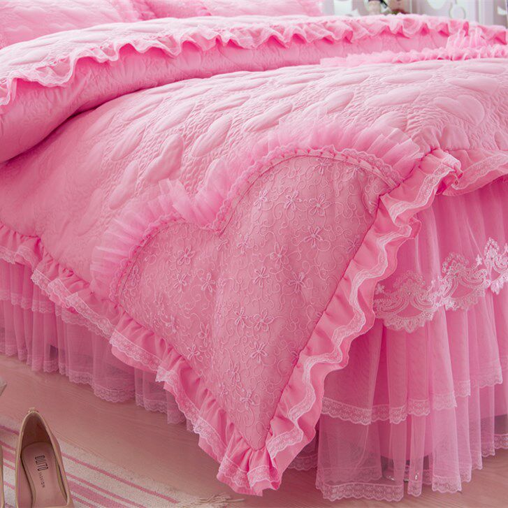 韩版公主被套单件纯色蕾丝蕾丝花花边绗缝夹棉被套
