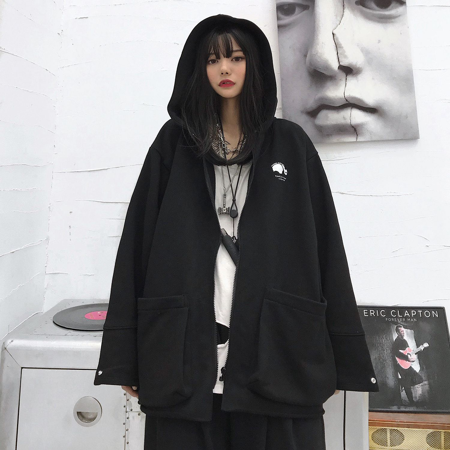 HWOOD国潮新休闲帽衫熊猫拉链情侣宽松连帽卫衣街头春秋百搭外套