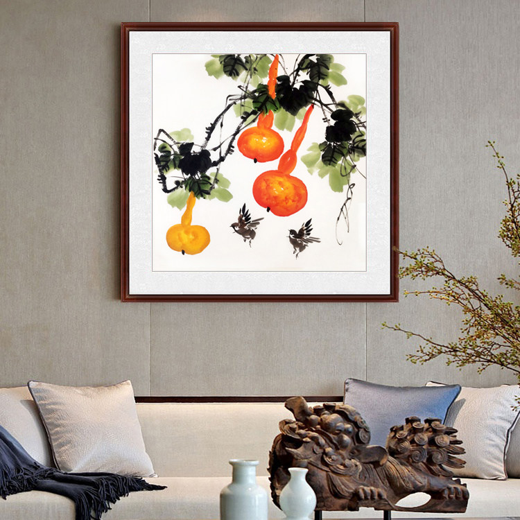 葫芦手绘落款国画花鸟画三尺斗方写意福禄餐厅国画