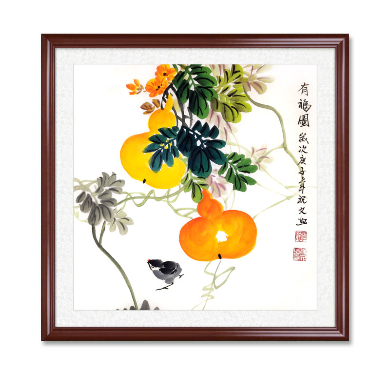手绘真迹国画花鸟画客厅玄关装饰画三尺斗方葫芦国画