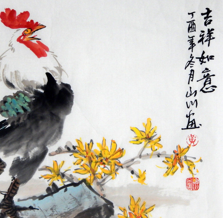 手绘真迹国画写意花鸟画横幅精品大公鸡图客餐厅国画