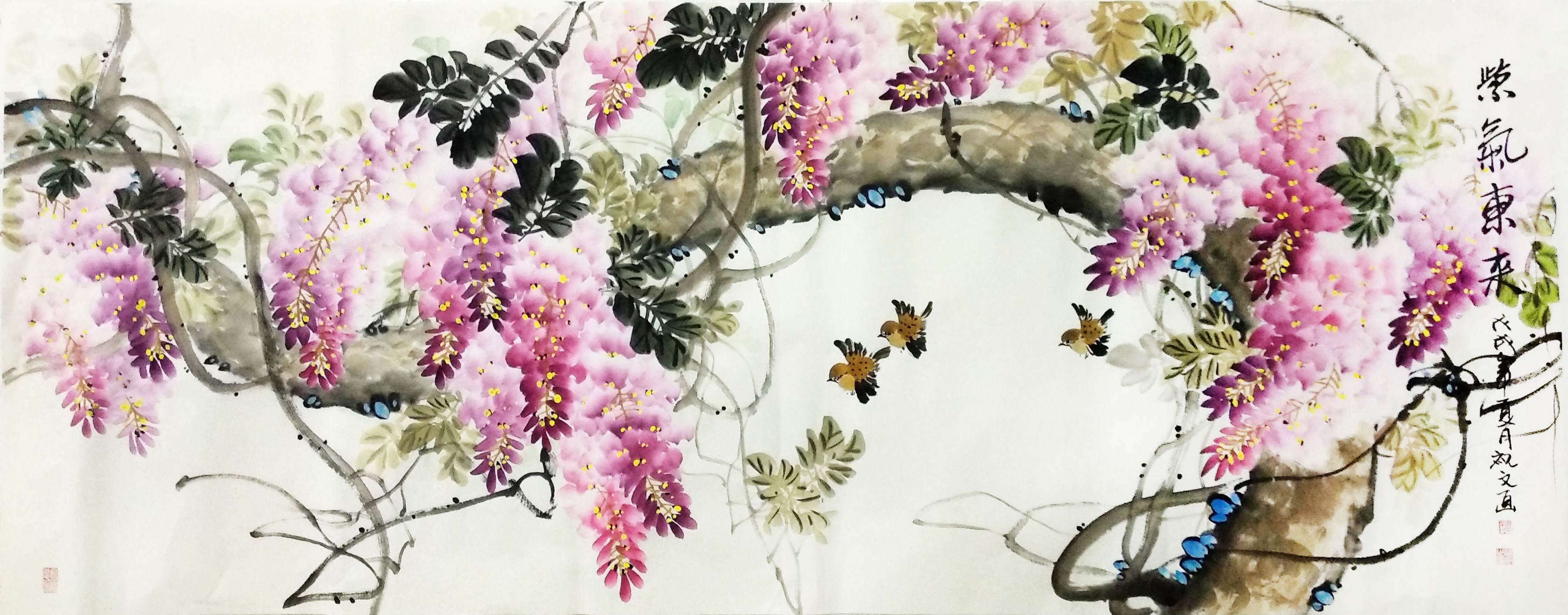紫气东来小鸟紫藤六尺手绘装饰画客厅写意花鸟画国画国画