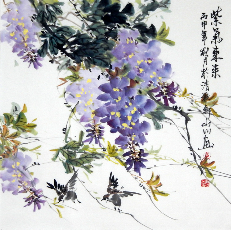 紫藤斗方四尺装饰手绘餐厅客厅花鸟画写意国画国画