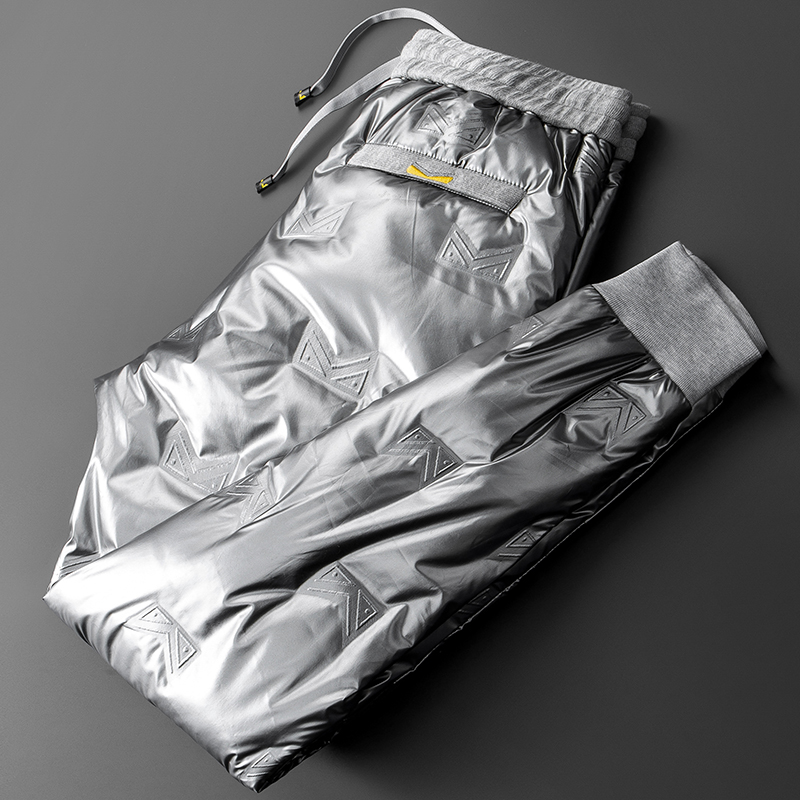 冬季加厚户外防水御寒保暖裤男女情侣压胶亮面小脚运动羽绒裤外穿