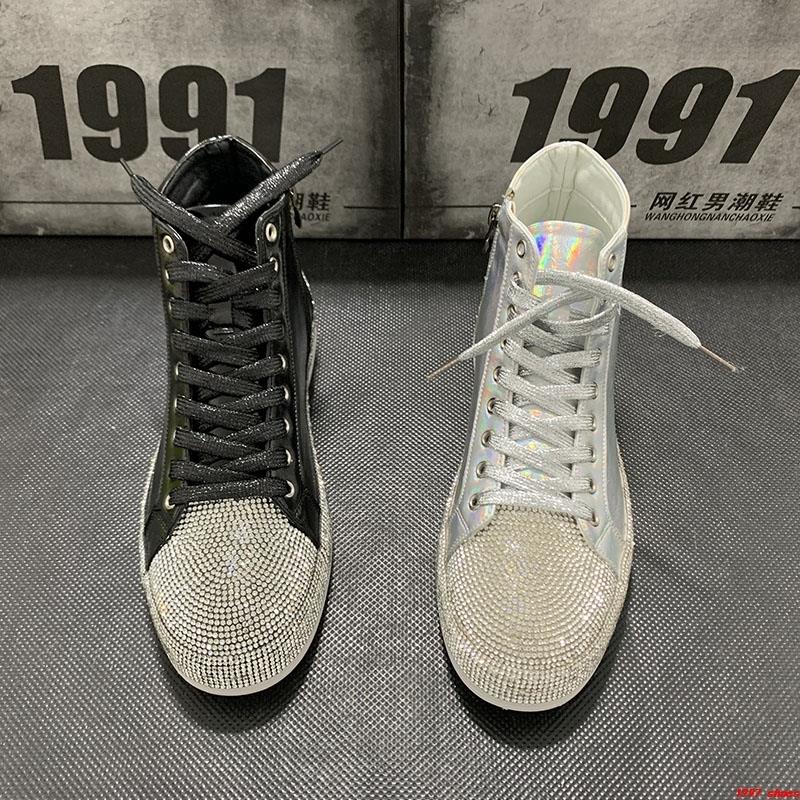 欧洲站高帮鞋男潮流百搭增高男士水钻潮鞋真皮休闲潮牌个性板鞋男