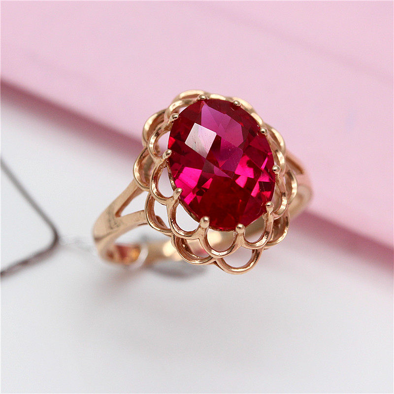 保真俄罗斯紫金镶嵌宝石戒指14k彩金红宝女款手饰