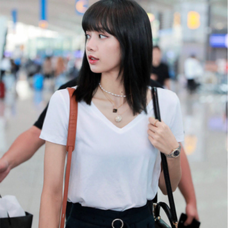 blackpink lisa同款黑白v领短袖修身鸡心领紧身休闲t恤上衣女潮