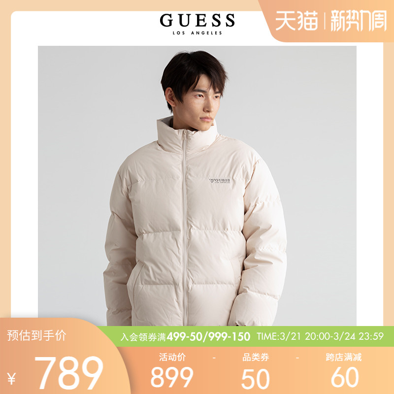 GUESS 秋男士纯色拉链原创倒三角LOGO羽绒服-KL0W9880CN