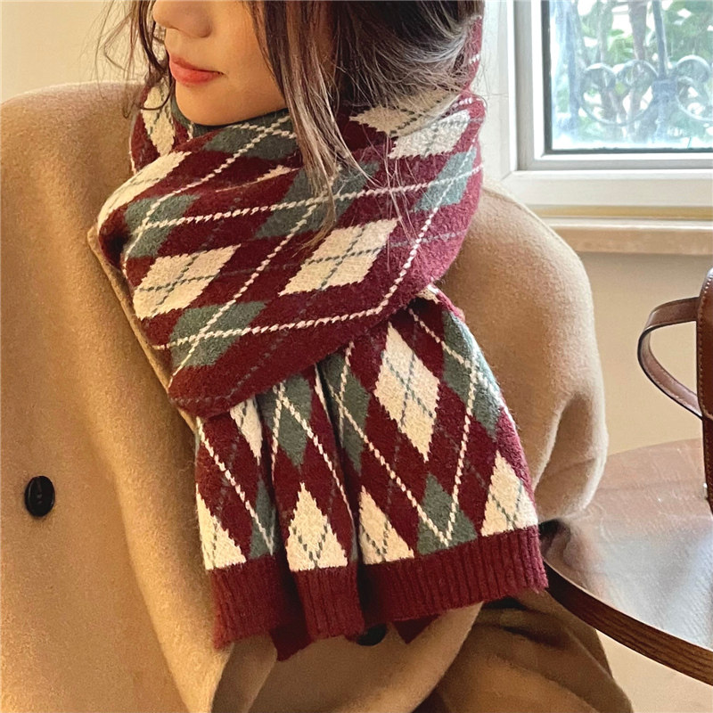 复古文艺菱形格子情侣针织围巾秋冬季保暖围脖围巾