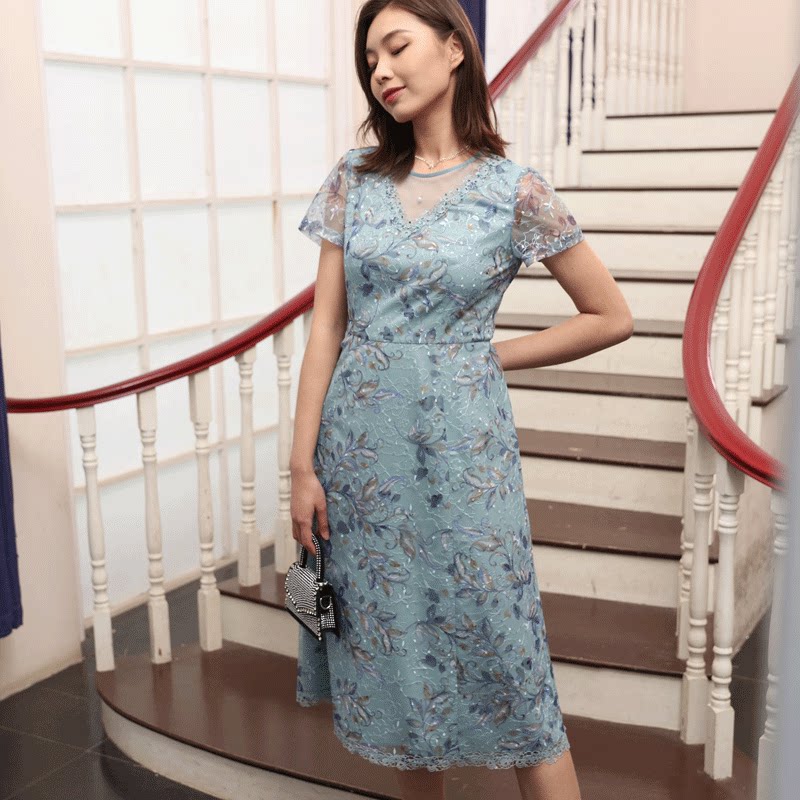 宗洋zongyang女装2021夏季短袖网纱收腰连衣裙气质连衣裙