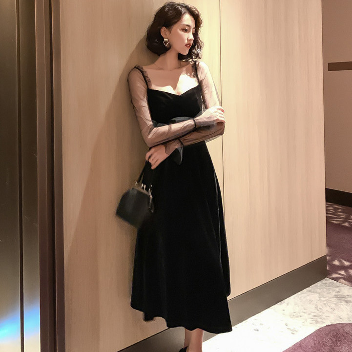 秋冬女气质丝绒性感连衣裙长款夜场抹胸年会宴会晚礼服裙平时可穿