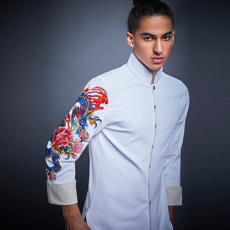 贝勒府中国风新款右臂牡丹龙复古立领衬衫外套男士修身衬衣古典潮