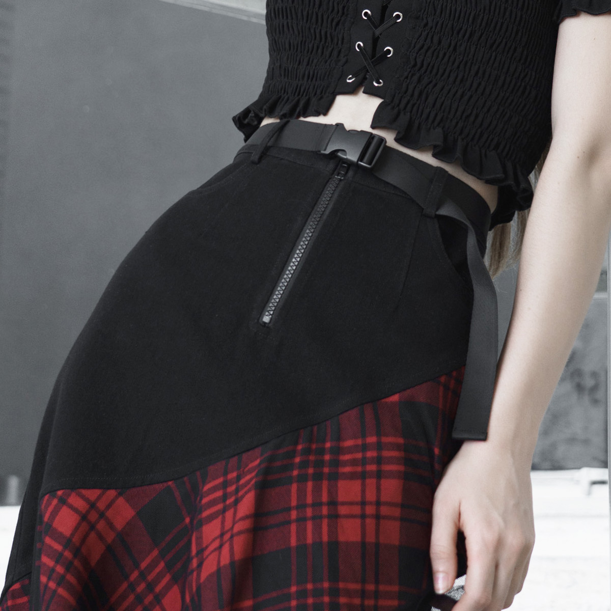 punkrave暗黑不规则格子半身裙女中长复古高腰格纹半身裙