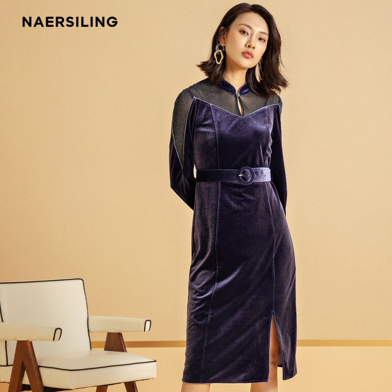 娜尔思女装拼接长袖丝绒连衣裙新款收腰显瘦字裙连衣裙