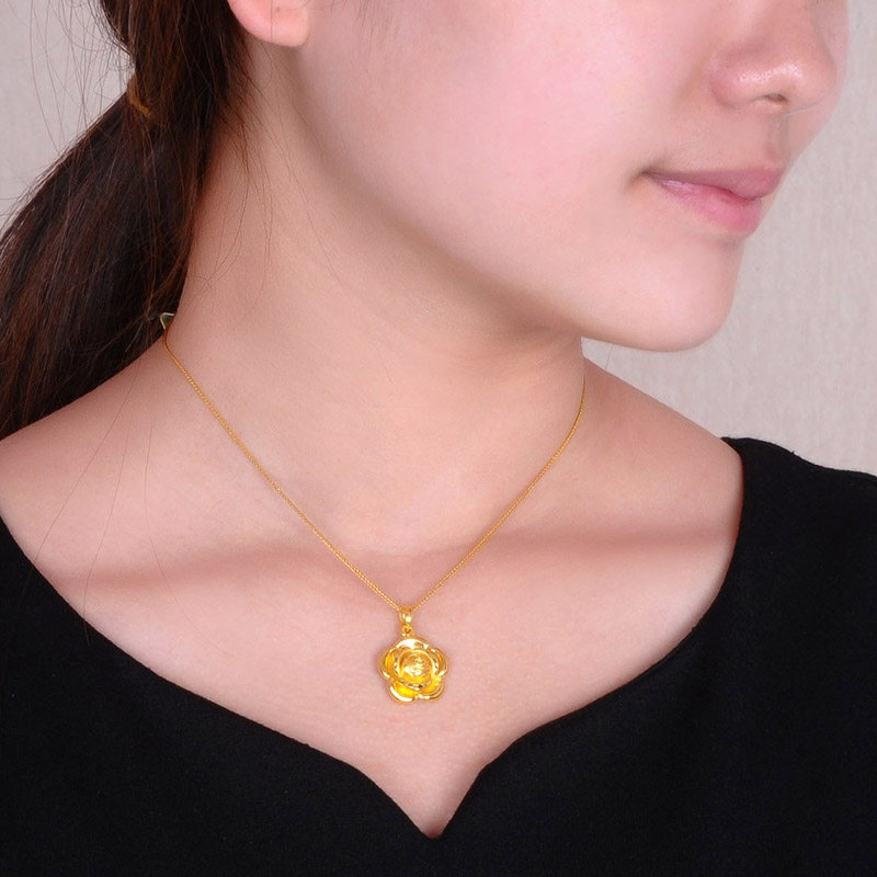 相思结黄金吊坠3d硬足金项坠玫瑰花项链情人节爱人妈妈首饰礼物