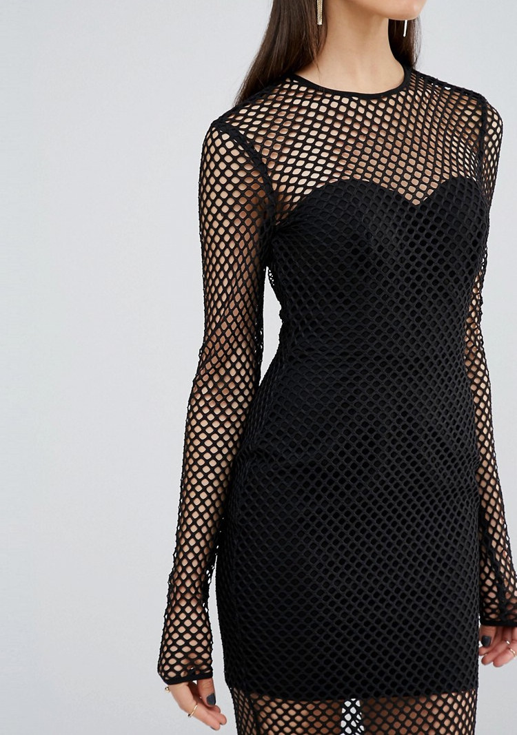 春季欧版黑色性感弹力渔网网眼修身包臀长袖连衣裙