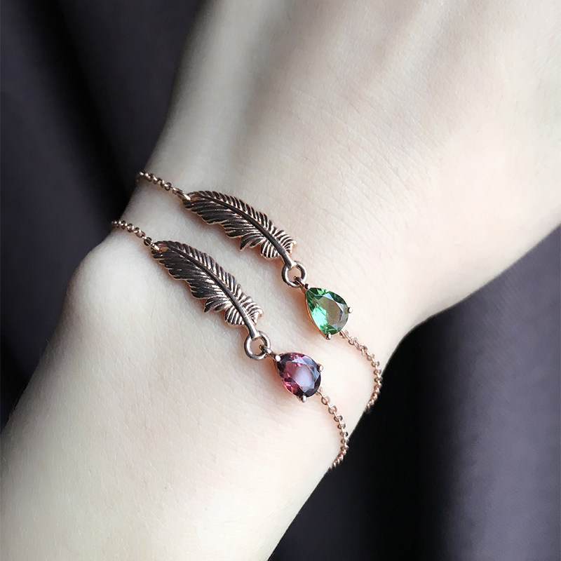 手链天然碧玺14k金镶红绿宝石简约时尚甜美羽毛手链