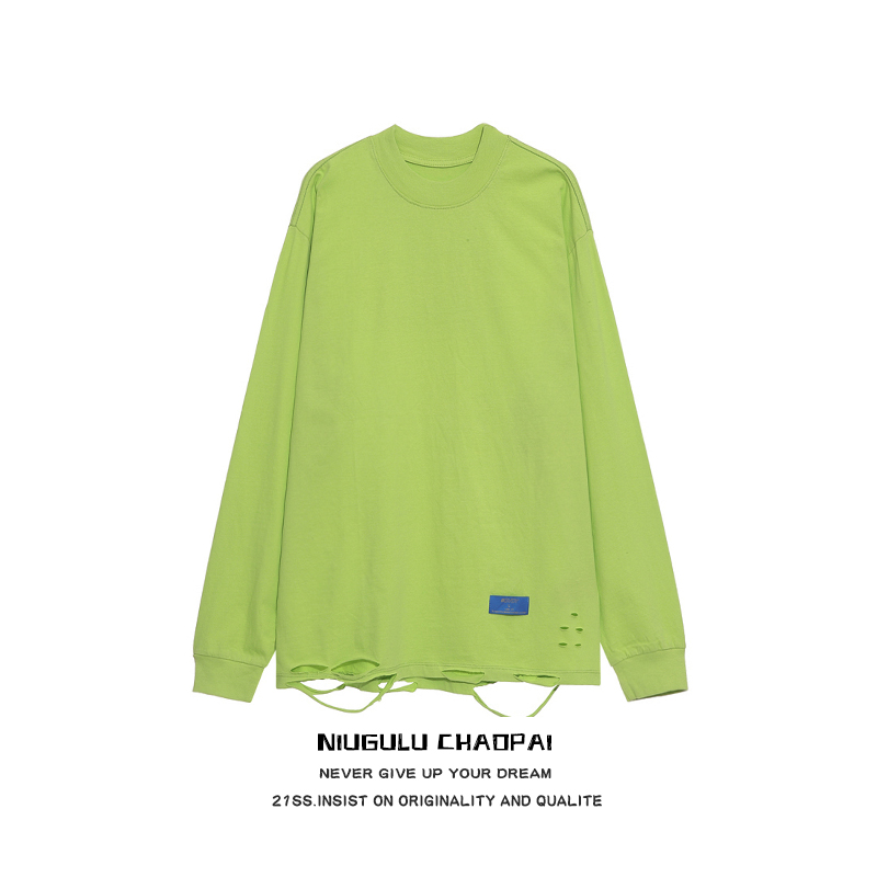 NIUGULU.21SS潮牌纯色破洞贴标个性休闲宽松长袖街头百搭新款卫衣