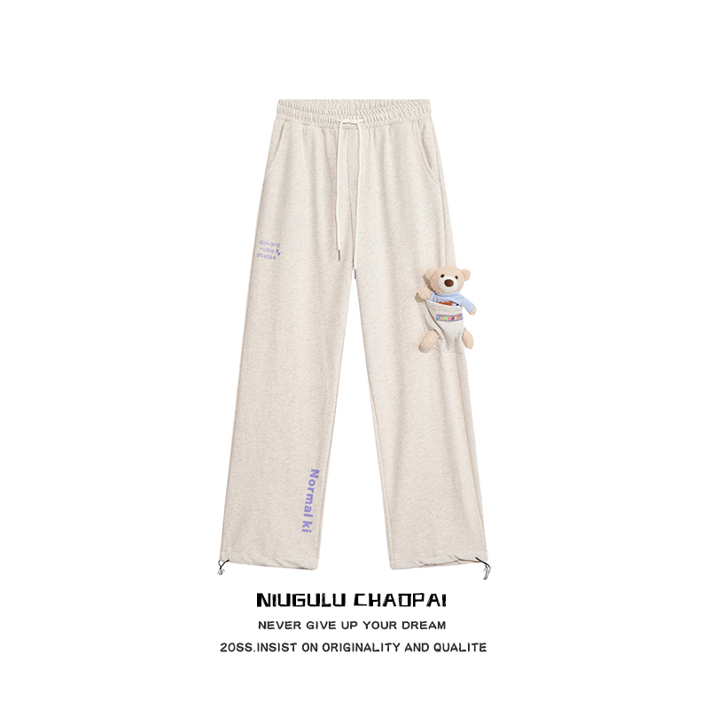 NIUGULU.20SS潮牌口袋小熊公仔BF学院风新款宽松直筒运动休闲裤
