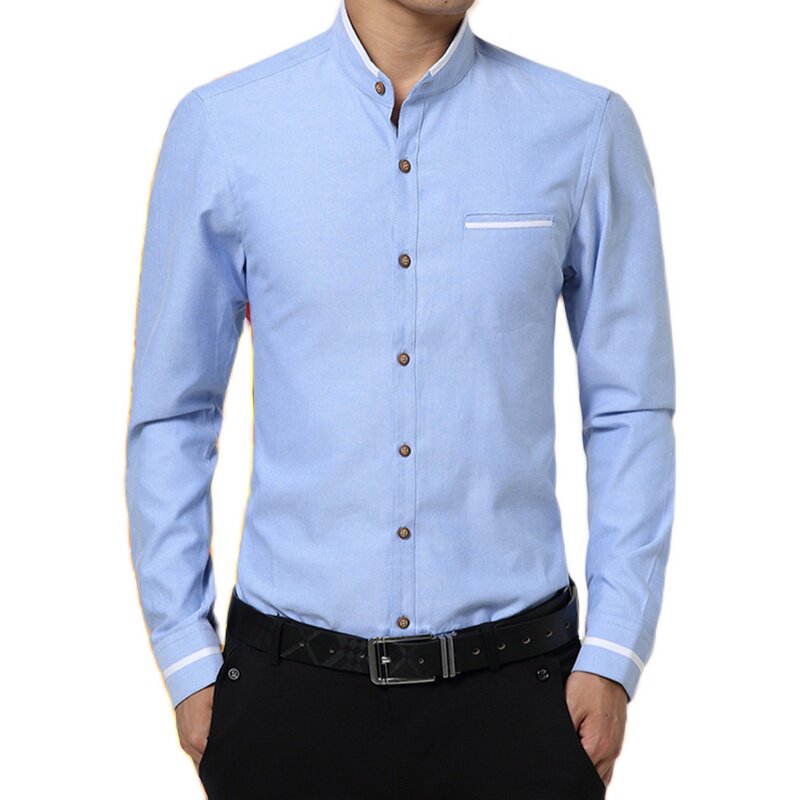 浅蓝色圆领衬衫衣男长袖拼接保暖秋冬带加绒中山装立领无领衬衣土