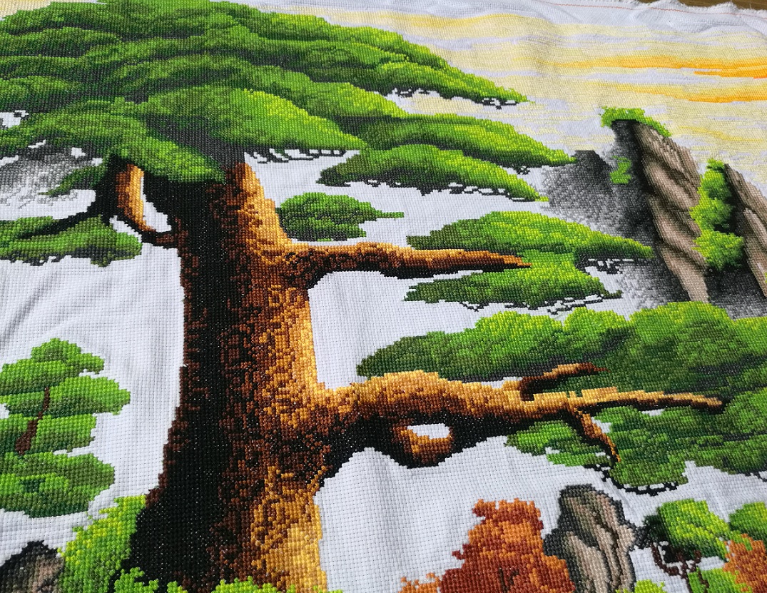 纯手工绣好的十字绣成品旭日东升迎客松财运版2.5米机绣客厅大幅