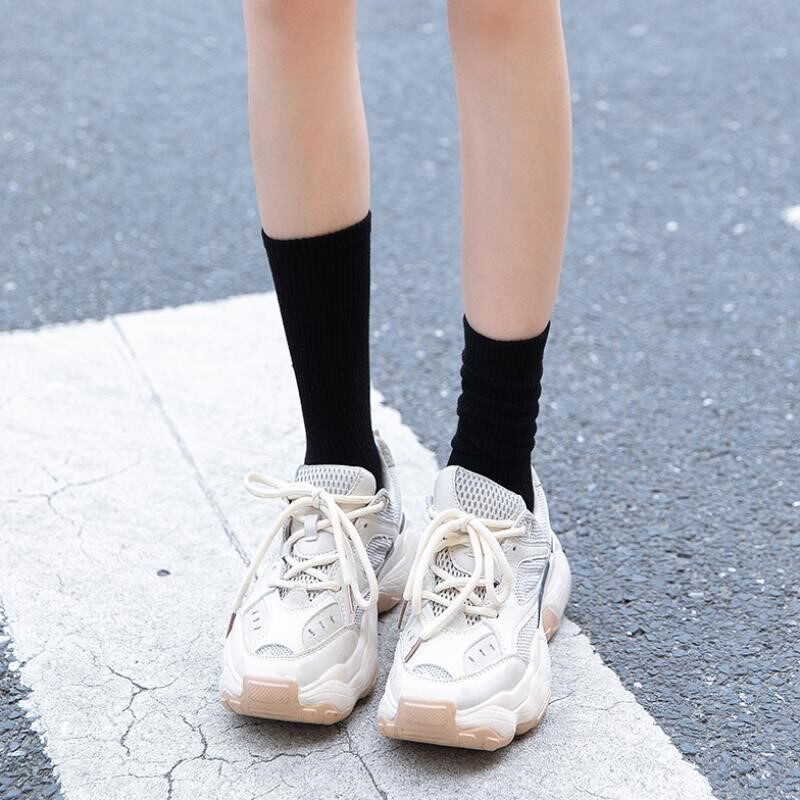 堆堆黑色中筒小白鞋老爹长袜袜女薄款jk网红中筒袜