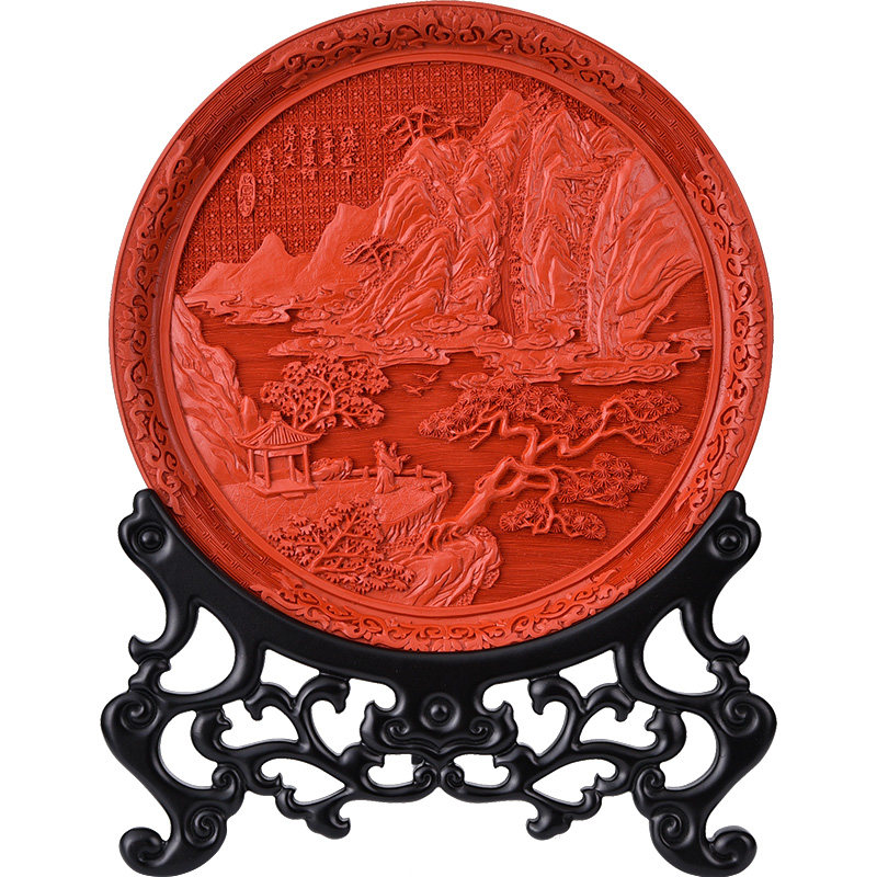 中秋节扬州漆器厂盘子剔红雕漆家居摆件漆器