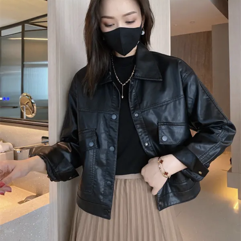 2022年秋季新款小个子宽松黑色皮衣女韩版休闲显瘦皮衣