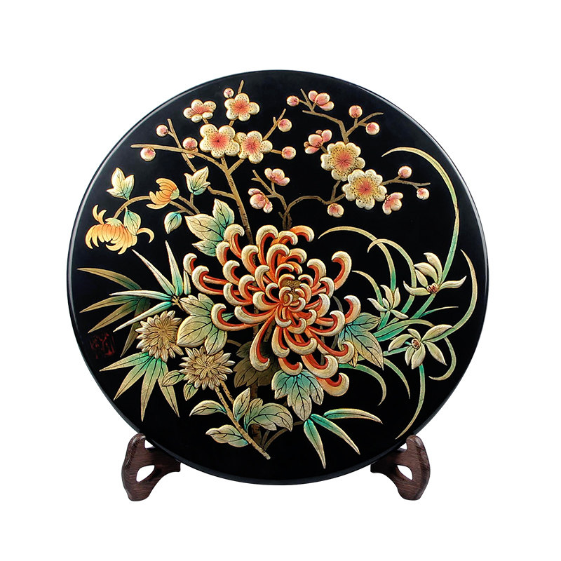 紫艺平遥推光漆器花朵桌面摆件四季季花手绘堆鼓贴金摆件