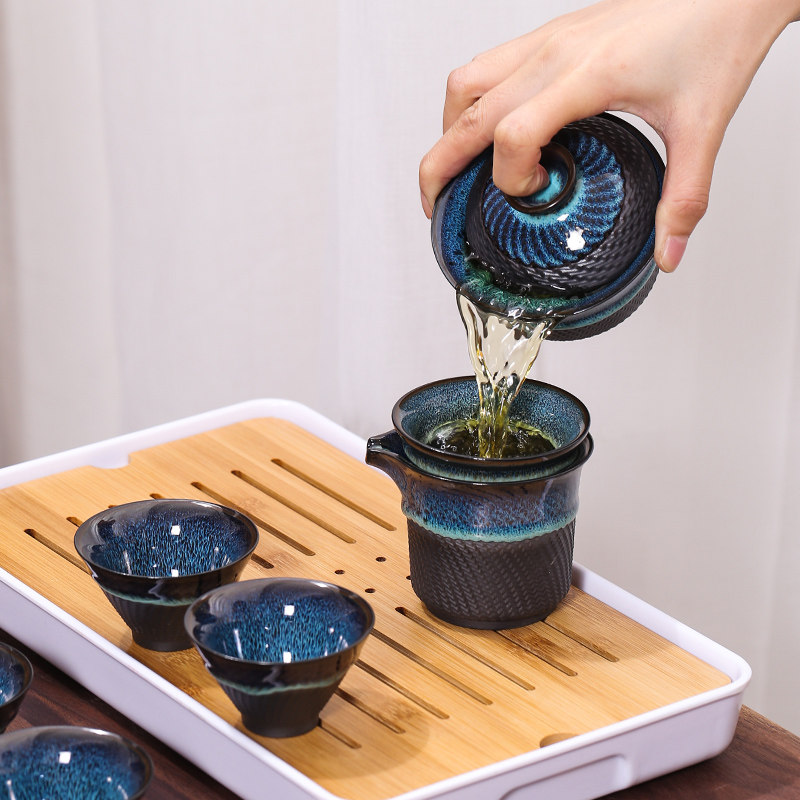 茶具10头盖碗盖碗茶套装家用客厅天目建盏窑变功夫茶具