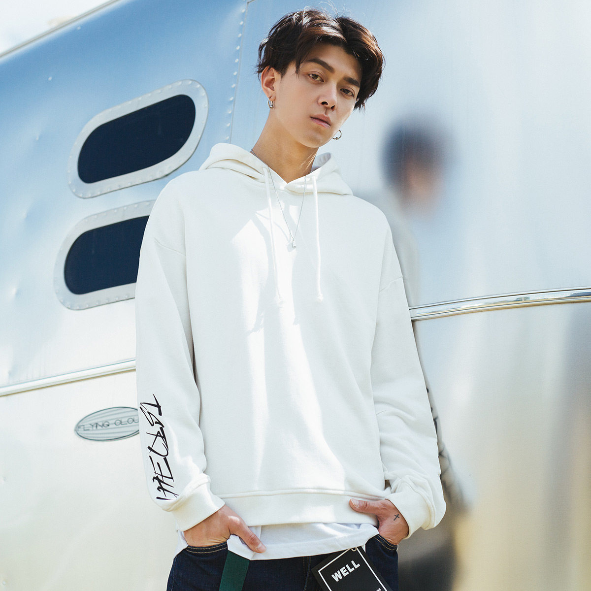 uoohe潮牌新款连衣帽卫衣男 韩版纯色修身帽衫帅气男士运动外套