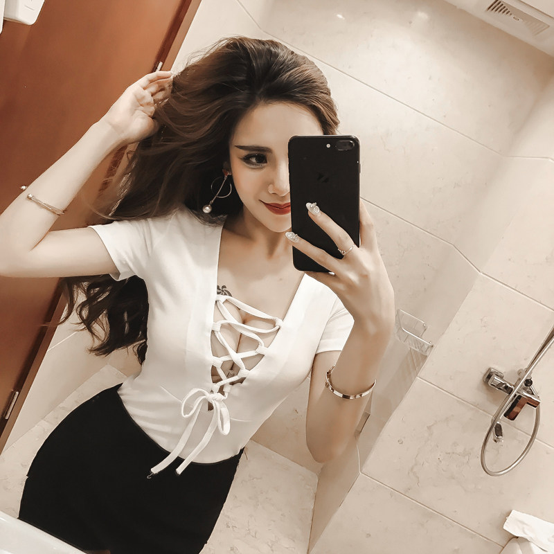 性感夜店女装低胸v领露胸镂空系带紧身短袖上衣女2018夏季新款t恤