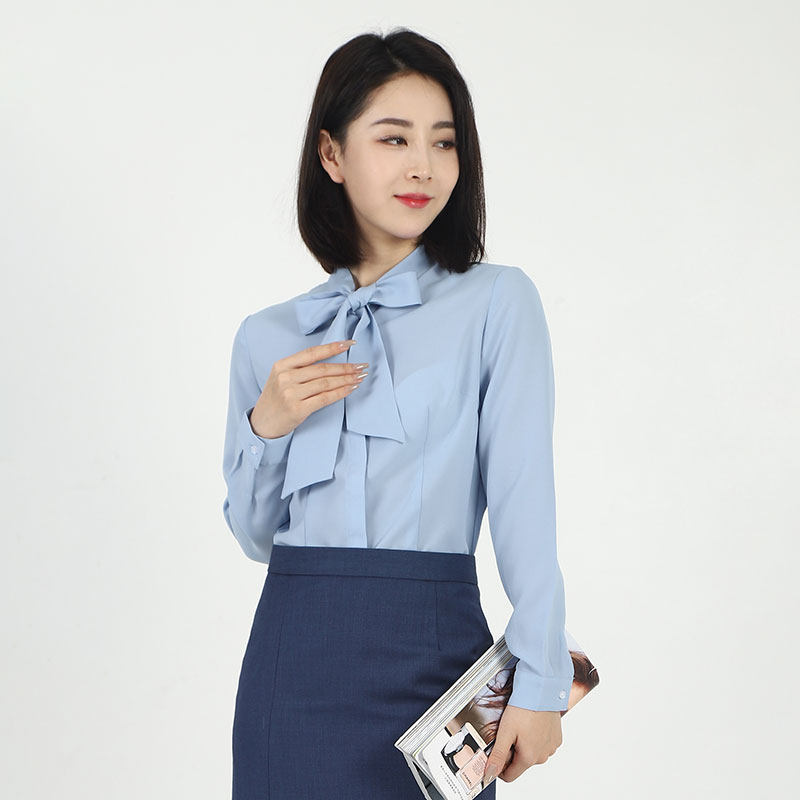 领创宝马4s新款修身女士蓝色长袖衬衫工装衬衫