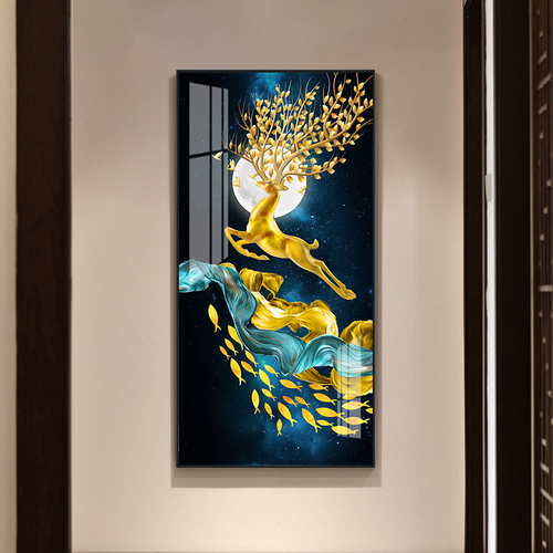 轻奢入户玄关装饰画竖版过道走廊尽头挂画现代简约美式壁画招财鹿