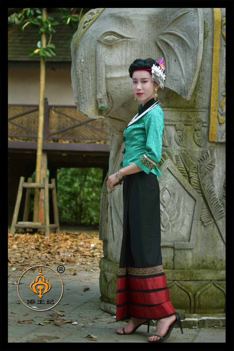 傣王妃服饰德宏傣族传统复古修身套装绿色泼水节民族服装