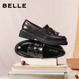 百丽复古流苏乐福鞋女2026春季新款真皮黑色小皮单鞋子B2971AA6