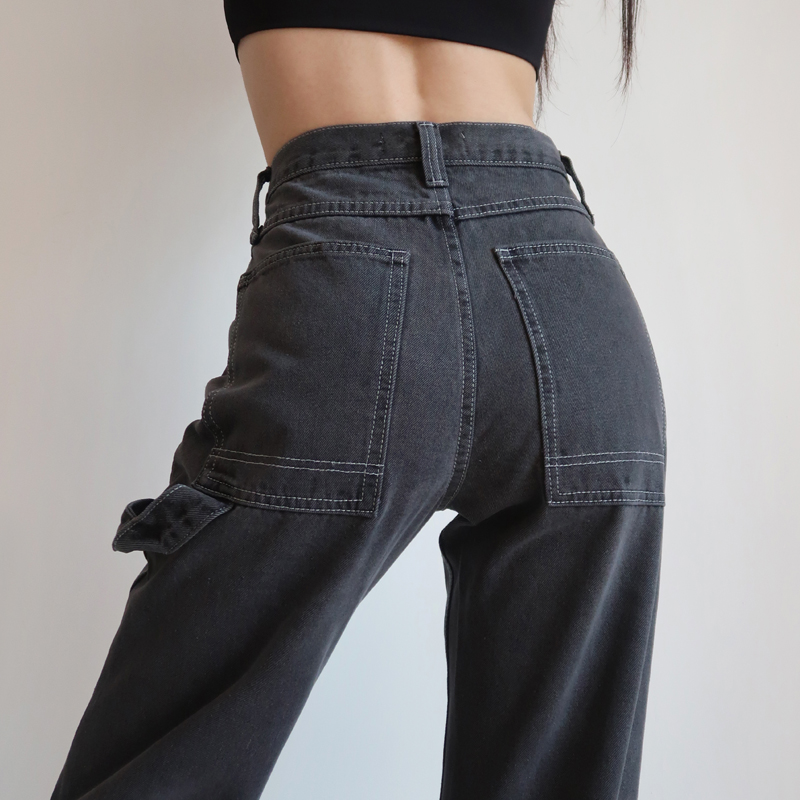 美式复古学院风高腰直筒牛仔裤工装阔腿裤宽松微长牛仔裤长裤女